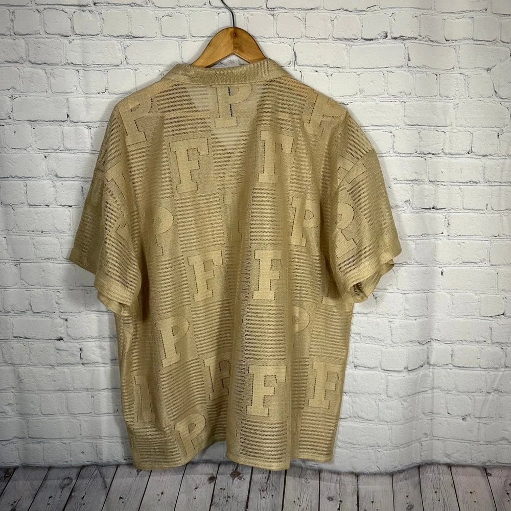 PP3 Mens XXL Tan Gold Monogram Short‎ Sleeve Button Up Shirt Made in Korea